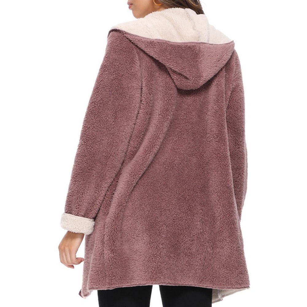 Mauve Teddy Sherpa Fleece Hood Cardigan Jacket - Picture 3 of 8